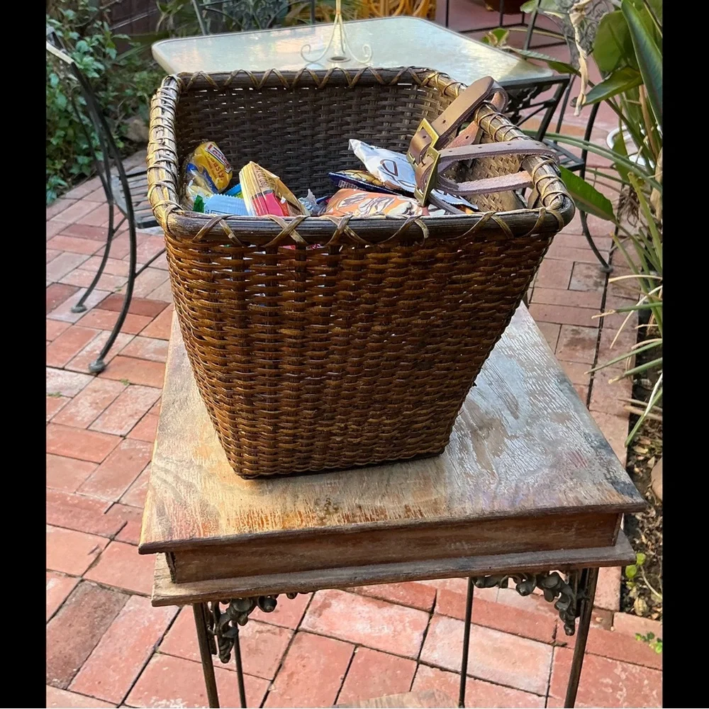 Attachable Multi-Use Dark Wicker Rattan Basket with Leather Straps (For Bike?)